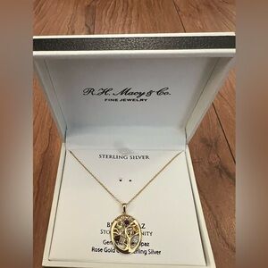 NEW R.H. Macy & Co Rose Gold of Sterling Silver Love Tree Necklace Blue Topaz